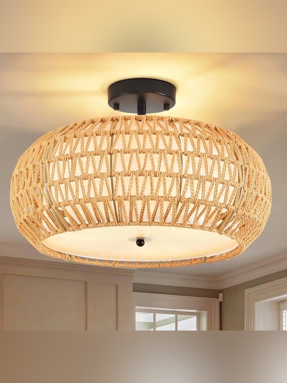 Flush Mount Ceiling Light Fixture 15.8",Boho Chandelier Hand Woven Wicker